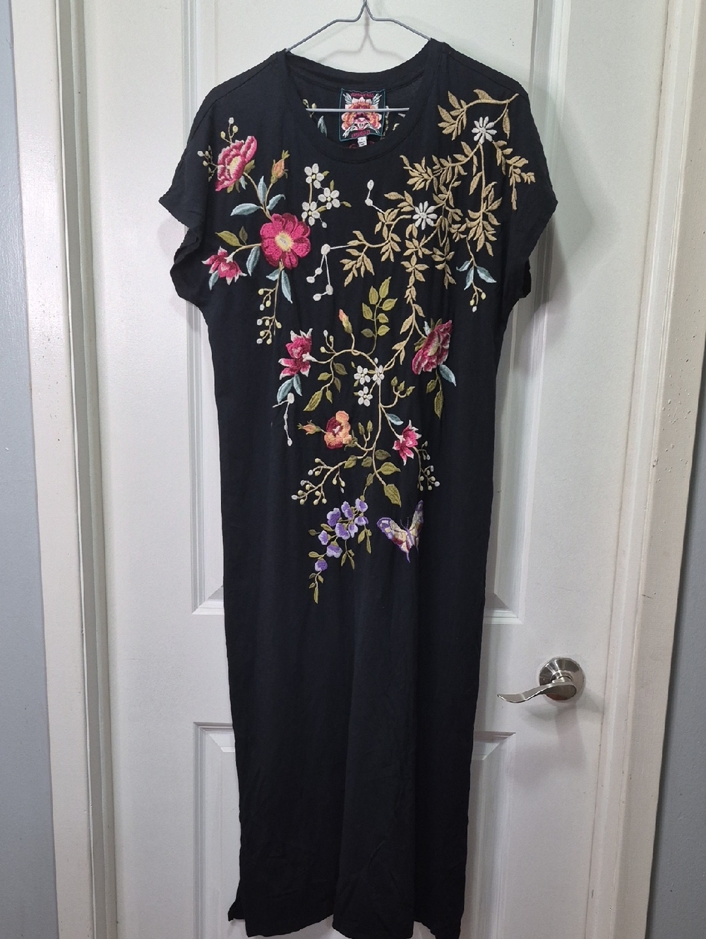 Johnny Was Black Maxi Dress with Pink, Purple, Cream & Gold Floral Embroidery